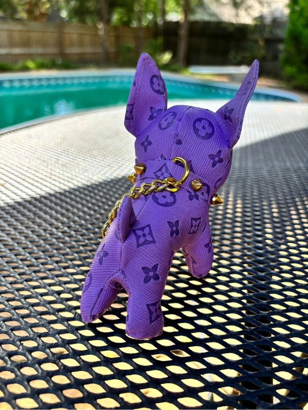 Bag Charm/Key Fob Adorable Purple Frenchie with Gold Accents and Spiked Collar!